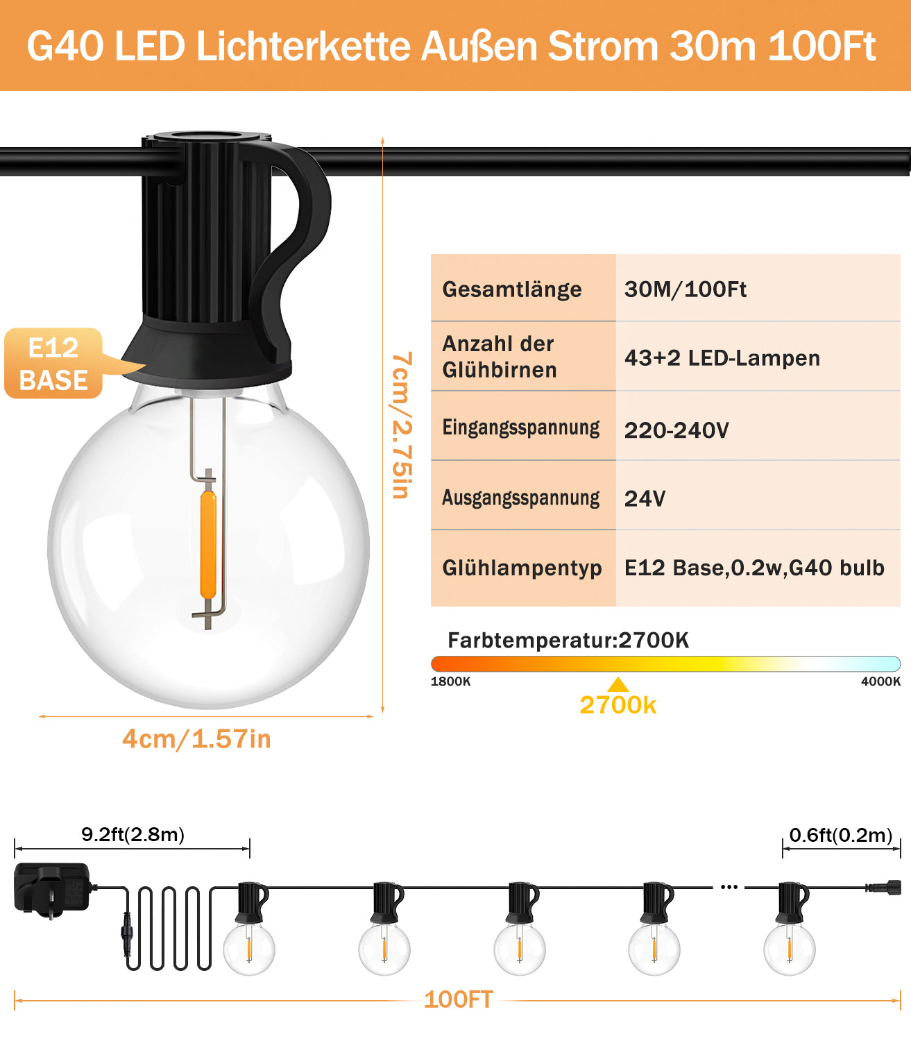 Lichterkette Led Außen Strom Outdoor - 30M 100FT 43+2 G40 Glühbirnen Garten Beleuchtung Balkon Lichterketten Aussen IP44 Wetterfest Pavillon String Lights mit Fernbedienung für Terrasse Party
