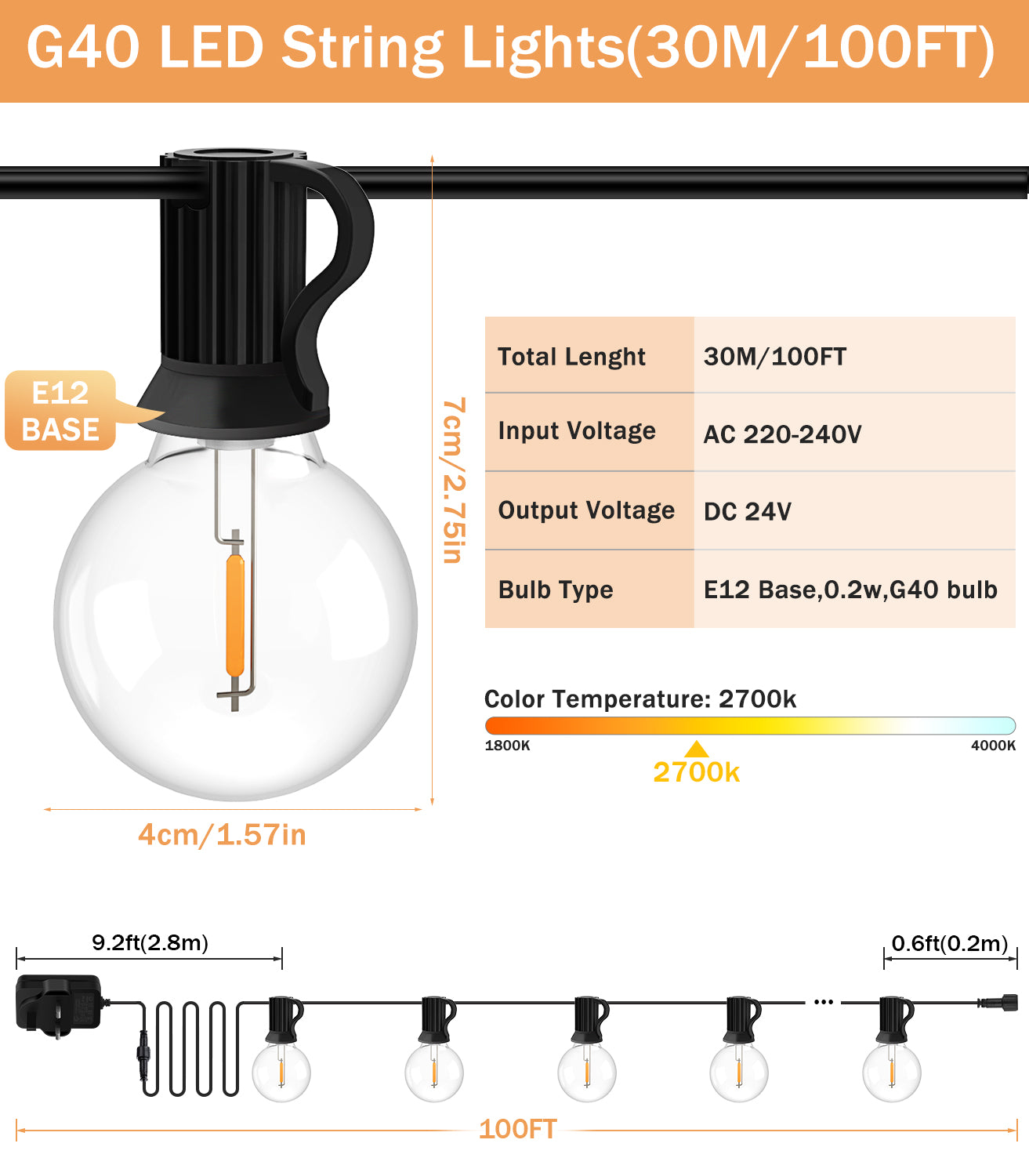 JEYMORKEY Festoon String Outdoor Garden Lights - 30M 100ft G40 Outside Electric Light Mains Powered 37+2 Shatterproof LED Bulb Waterproof Lighting for Outside Patio Pergola [Energy Class E]